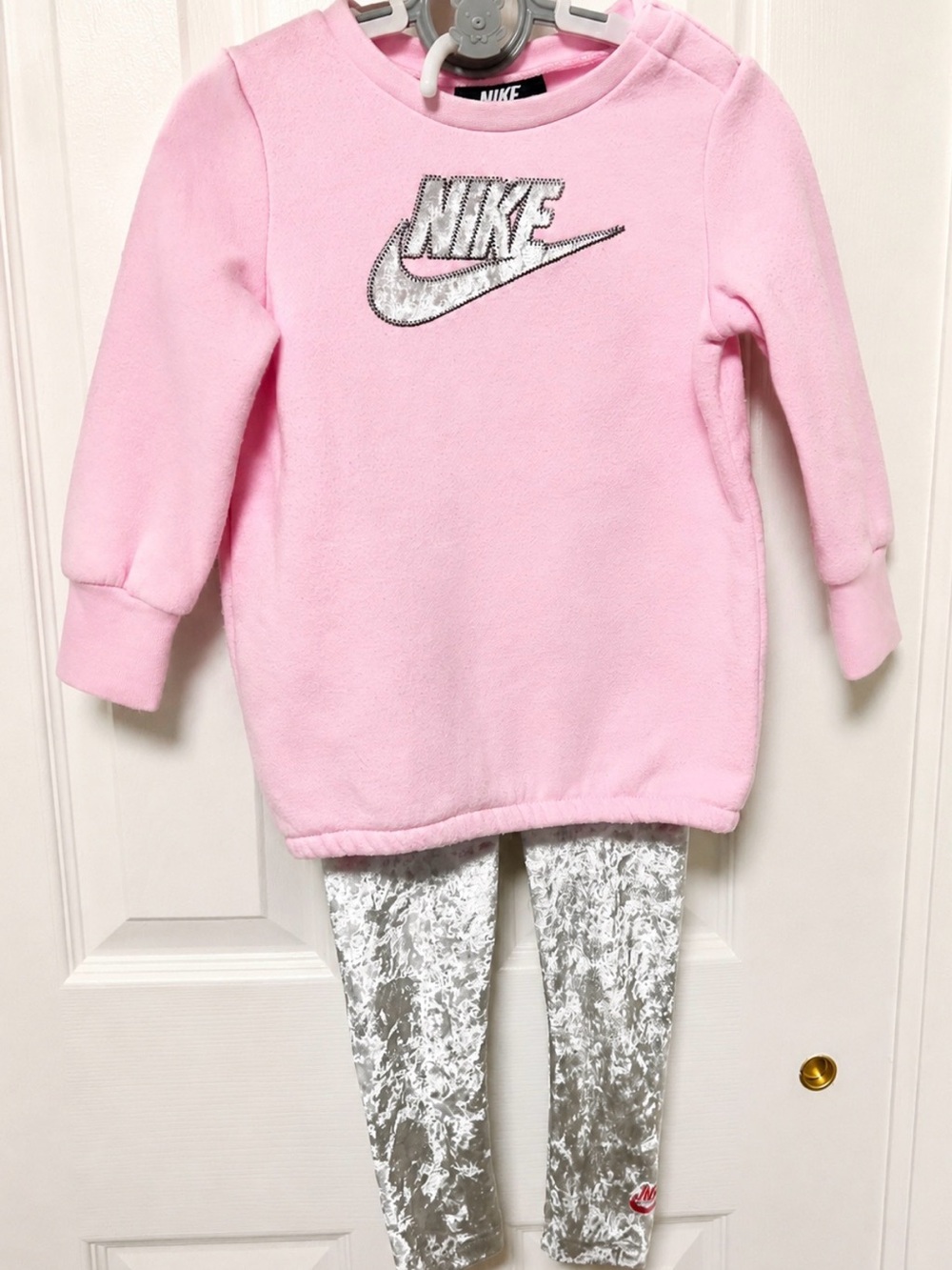 Nike Kids Pink Fleece Top with Silver Logo & Silver Leggings